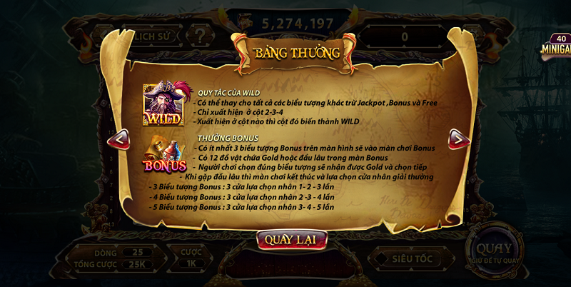 Chi tiết về thưởng trong game Pirate king Gemwin 